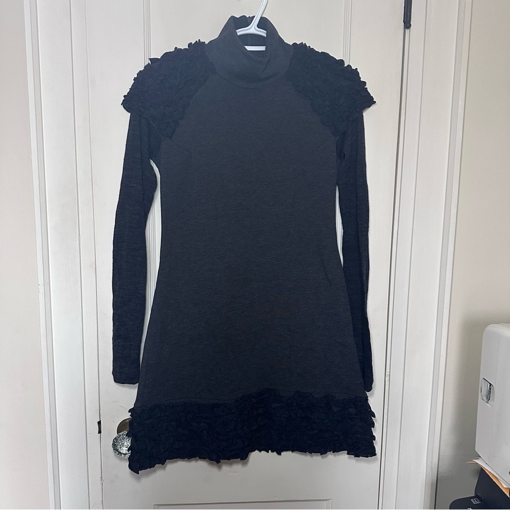 Tenax Charcoal Mock Neck Dress, Black Ruffle Details, Long Semi-Sheer Sleeves